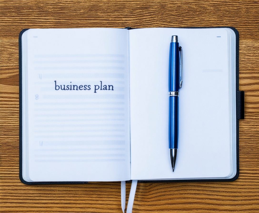 Cuaderno abierto con notas de plan de negocio