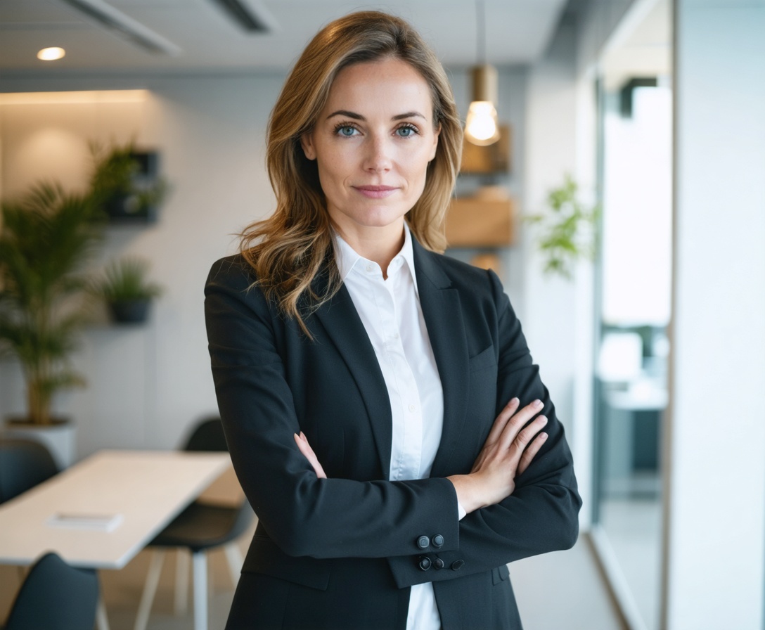 Retrato de consultora sonriente en oficina moderna